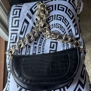 Zara Black Croc-Embossed Shoulder Bag with Gold Chain